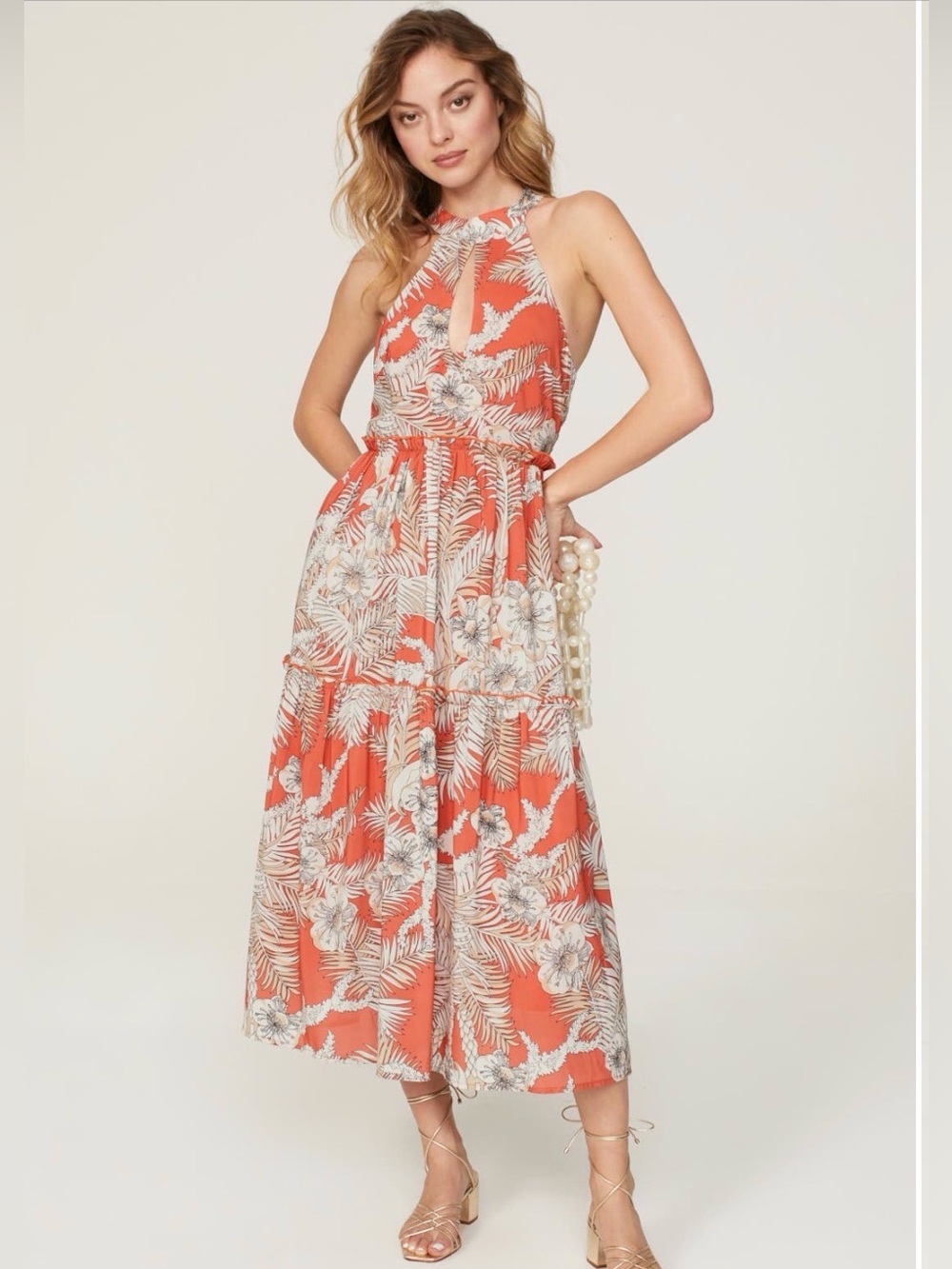 Coral Floral Halter Midi Dress